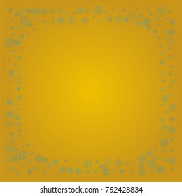 Christmas snow powder frame or border of a random scatter snowflakes on a golden background. Snow explosion. Ice storm.