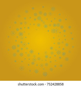 Christmas snow powder frame or border of a random scatter snowflakes on a golden background. Snow explosion. Ice storm.