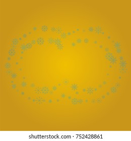 Christmas snow powder frame or border of a random scatter snowflakes on a golden background. Snow explosion. Ice storm.