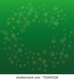 Christmas snow powder frame or border of a random scatter snowflakes on a green background. Snow explosion. Ice storm.