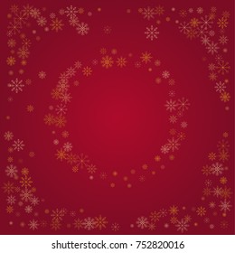 Christmas snow powder frame or border of a random scatter snowflakes on a red background. Snow explosion. Ice storm.