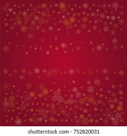 Christmas snow powder frame or border of a random scatter snowflakes on a red background. Snow explosion. Ice storm.