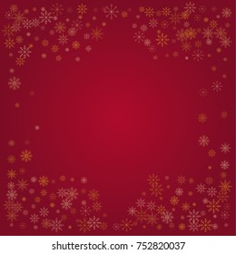 Christmas snow powder frame or border of a random scatter snowflakes on a red background. Snow explosion. Ice storm.