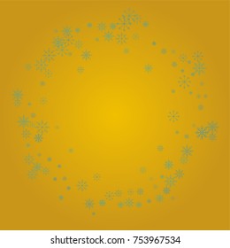 Christmas snow powder frame or border of a random scatter snowflakes on a golden background. Snow explosion. Ice storm.