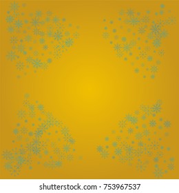 Christmas snow powder frame or border of a random scatter snowflakes on a golden background. Snow explosion. Ice storm.