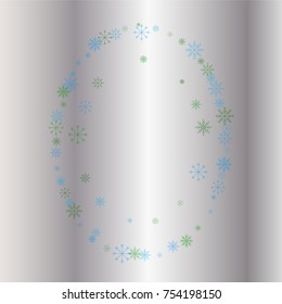 Christmas snow powder frame or border of a random scatter snowflakes on a silver background. Snow explosion. Ice storm.