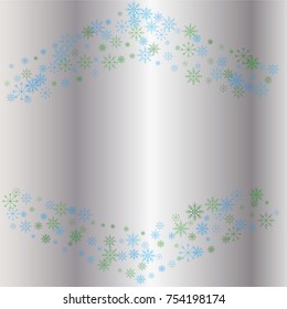 Christmas snow powder frame or border of a random scatter snowflakes on a silver background. Snow explosion. Ice storm.
