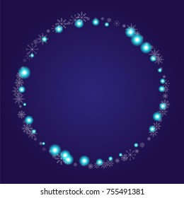 Christmas snow powder frame or border of a random scatter snowflakes on an indigo background. Snow explosion. Ice storm.