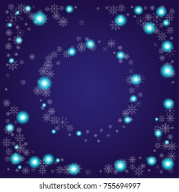 Christmas snow powder frame or border of a random scatter snowflakes on an indigo background. Snow explosion. Ice storm.