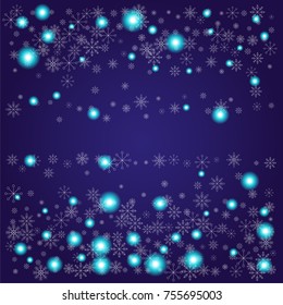 Christmas snow powder frame or border of a random scatter snowflakes on an indigo background. Snow explosion. Ice storm.