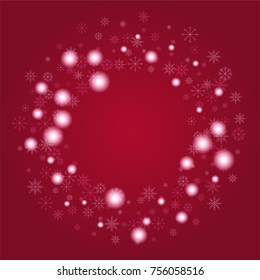 Christmas snow powder frame or border of a random scatter snowflakes on a red background. Snow explosion. Ice storm.
