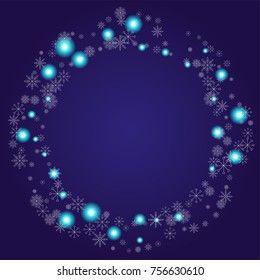 Christmas snow powder frame or border of a random scatter snowflakes on an indigo background. Snow explosion. Ice storm.