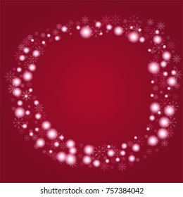 Christmas snow powder frame or border of a random scatter snowflakes on a red background. Snow explosion. Ice storm.