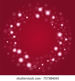 Christmas snow powder frame or border of a random scatter snowflakes on a red background. Snow explosion. Ice storm.