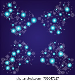 Christmas snow powder frame or border of a random scatter snowflakes on an indigo background. Snow explosion. Ice storm.