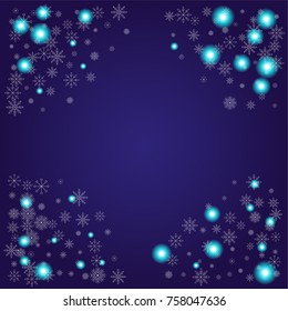 Christmas snow powder frame or border of a random scatter snowflakes on an indigo background. Snow explosion. Ice storm.