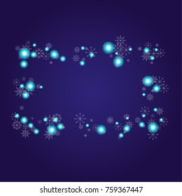 Christmas snow powder frame or border of a random scatter snowflakes on an indigo background. Snow explosion. Ice storm.