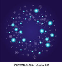 Christmas snow powder frame or border of a random scatter snowflakes on an indigo background. Snow explosion. Ice storm.