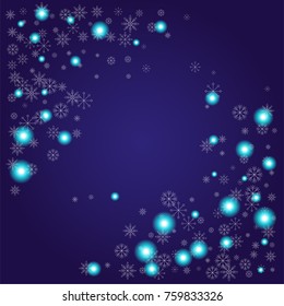Christmas snow powder frame or border of a random scatter snowflakes on an indigo background. Snow explosion. Ice storm.