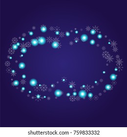 Christmas snow powder frame or border of a random scatter snowflakes on an indigo background. Snow explosion. Ice storm.