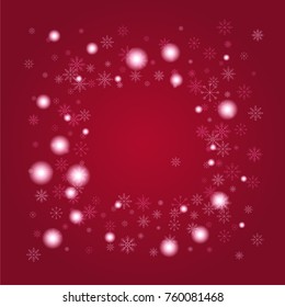 Christmas snow powder frame or border of a random scatter snowflakes on a red background. Snow explosion. Ice storm.