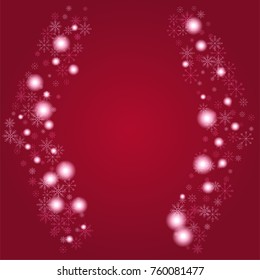 Christmas snow powder frame or border of a random scatter snowflakes on a red background. Snow explosion. Ice storm.
