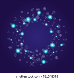 Christmas snow powder frame or border of a random scatter snowflakes on an indigo background. Snow explosion. Ice storm.