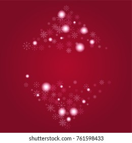 Christmas snow powder frame or border of a random scatter snowflakes on a red background. Snow explosion. Ice storm.