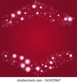 Christmas snow powder frame or border of a random scatter snowflakes on a red background. Snow explosion. Ice storm.