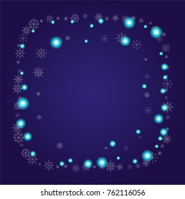 Christmas snow powder frame or border of a random scatter snowflakes on an indigo background. Snow explosion. Ice storm.