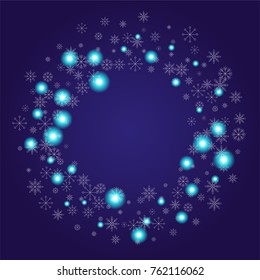 Christmas snow powder frame or border of a random scatter snowflakes on an indigo background. Snow explosion. Ice storm.