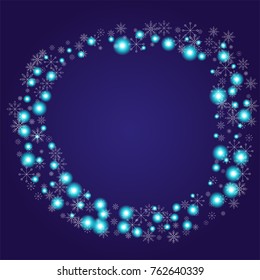 Christmas snow powder frame or border of a random scatter snowflakes on an indigo background. Snow explosion. Ice storm.