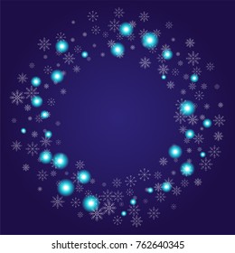 Christmas snow powder frame or border of a random scatter snowflakes on an indigo background. Snow explosion. Ice storm.