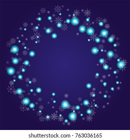 Christmas snow powder frame or border of a random scatter snowflakes on an indigo background. Snow explosion. Ice storm.