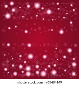 Christmas snow powder frame or border of a random scatter snowflakes on a red background. Snow explosion. Ice storm.