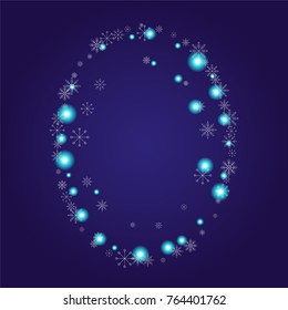 Christmas snow powder frame or border of a random scatter snowflakes on an indigo background. Snow explosion. Ice storm.