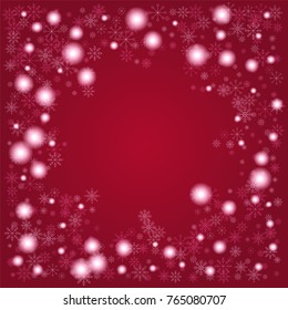 Christmas snow powder frame or border of a random scatter snowflakes on a red background. Snow explosion. Ice storm.