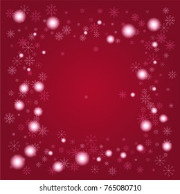 Christmas snow powder frame or border of a random scatter snowflakes on a red background. Snow explosion. Ice storm.