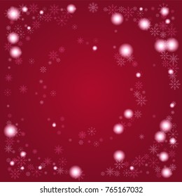 Christmas snow powder frame or border of a random scatter snowflakes on a red background. Snow explosion. Ice storm.