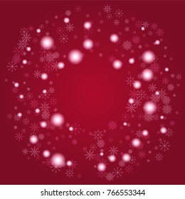 Christmas snow powder frame or border of a random scatter snowflakes on a red background. Snow explosion. Ice storm.