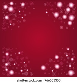 Christmas snow powder frame or border of a random scatter snowflakes on a red background. Snow explosion. Ice storm.