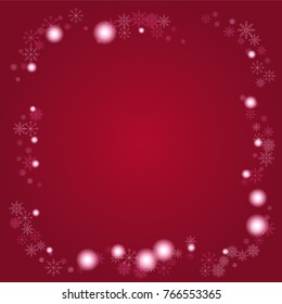 Christmas snow powder frame or border of a random scatter snowflakes on a red background. Snow explosion. Ice storm.