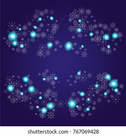 Christmas snow powder frame or border of a random scatter snowflakes on an indigo background. Snow explosion. Ice storm.