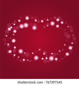 Christmas snow powder frame or border of a random scatter snowflakes on a red background. Snow explosion. Ice storm.