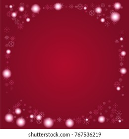 Christmas snow powder frame or border of a random scatter snowflakes on a red background. Snow explosion. Ice storm.