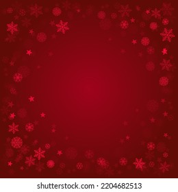 Christmas snow red background. Winter snowflakes subtle frame, greeting card, party event decoration. New Year Holidays gift coupon backdrop. Noel Vector illustration