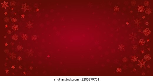 Fondo rojo de nieve de Navidad. Los copos de nieve de invierno son un marco sutil, tarjeta de saludo, decoración de eventos de fiesta. Fondo de cupón de regalo de vacaciones de Año Nuevo. Ilustración de Noel Vector
