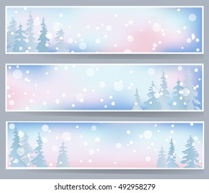 Christmas snow scene with fir tree. Winter forest banners with lights on blue background cards