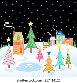 Christmas Snow Scene with Village and Christmas Trees