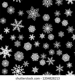 Christmas snow seamless pattern with beautiful snowflakes falling and scattered on tiled repeating ornament of winter snow